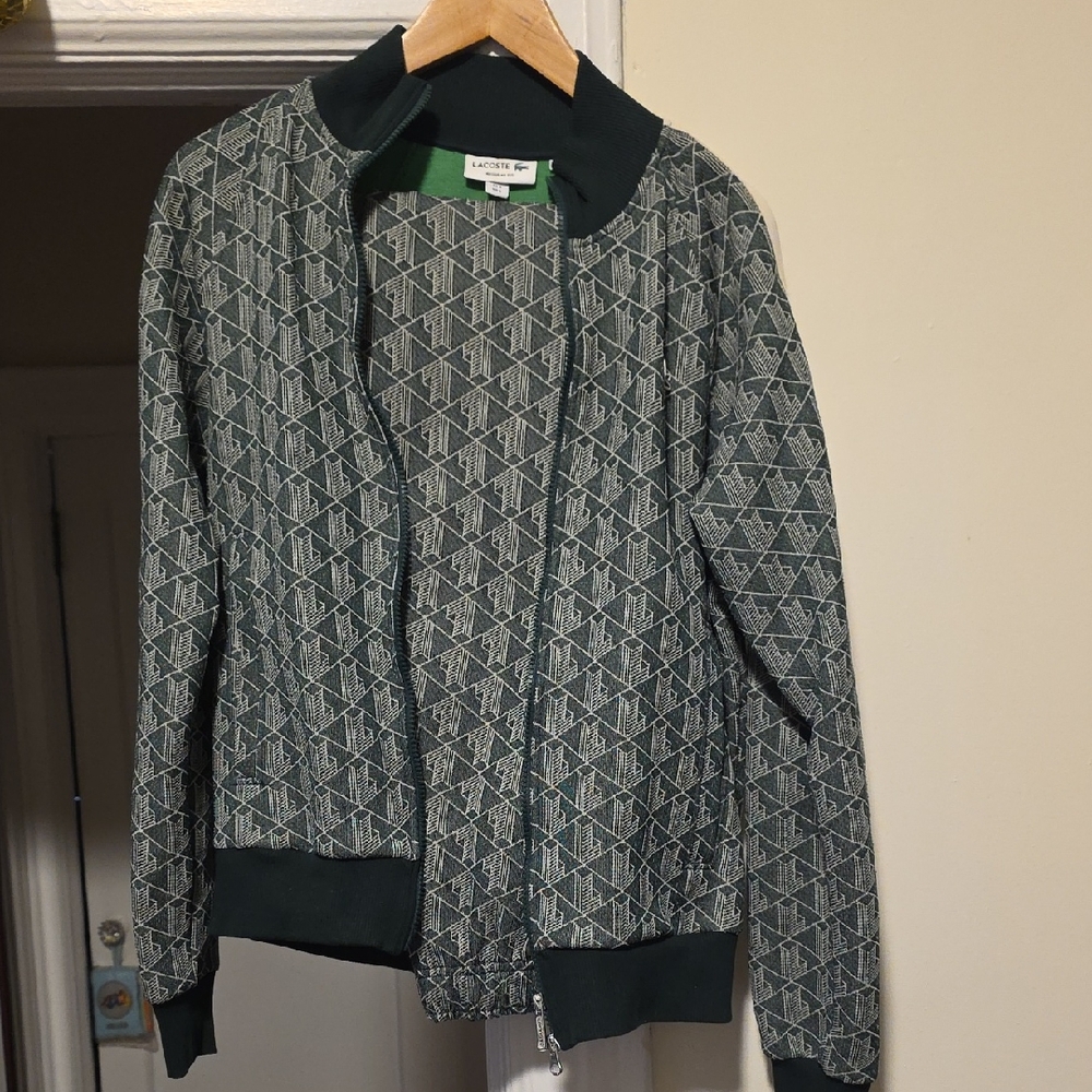 Like New Lacoste Set Patterned Zip-Front Sweater Jacket And Pants In Dark Green